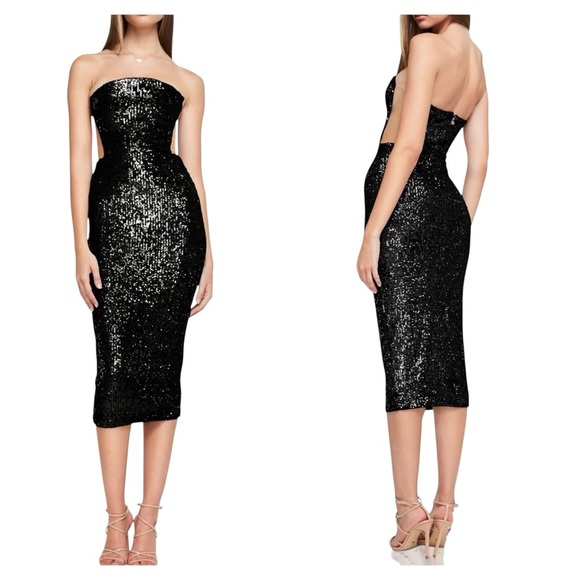 Nookie Lumiere Black Sequin Strapless Mesh Cutout Midi Dress Size M NWT - Picture 1 of 6
